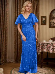 Sheath V-neck Short Sleeves Floor-Length Lace Mother of the Bride Dress
