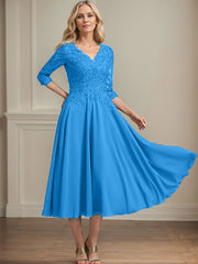 A-line V-Neck Tea-Length Chiffon Lace Mother of the Bride Dress With Beading Sequins