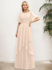A-line Scoop Floor-Length Chiffon Mother of the Bride Dress With Pleated Sequins Beading