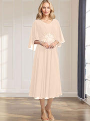 A-line V-Neck Tea-Length Chiffon Mother of the Bride Dress With Pleated Sequins Appliques Lace Beadind