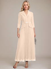 A-line Collared V-Neck Ankle-Length Chiffon Mother of the Bride Dress With Beading Pleated
