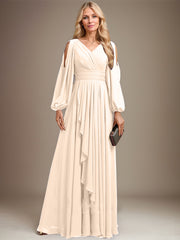 A-line Cold Shoulder V-Neck Floor-Length Chiffon Mother of the Bride Dress With Cascading Ruffles Beading