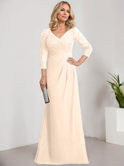 Sheath/Column V-Neck Illusion Floor-Length Lace Chiffon Mother of the Bride Dress With Pleated Sequins