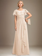 A-line Asymmetrical Illusion Floor-Length Lace Chiffon Mother of the Bride Dress With Cascading Ruffles Sequins