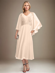 A-line V-Neck Tea-Length Chiffon Lace Mother of the Bride Dress With Sequins Beading