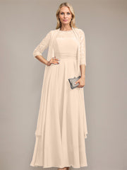 A-line Scoop Illusion Floor-Length Lace Chiffon Mother of the Bride Dress With Pleated