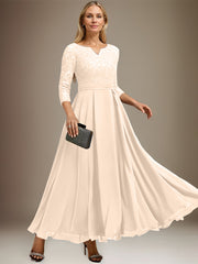 A-line V-Neck Ankle-Length Chiffon Lace Mother of the Bride Dress With Rhinestone
