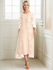 A-line Scoop Tea-Length Lace Chiffon Mother of the Bride Dress