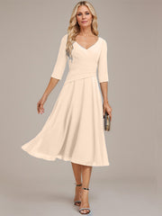 A-line V-Neck Tea-Length Chiffon Mother of the Bride Dress With Pleated