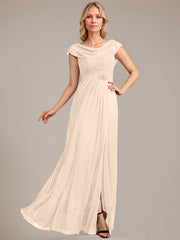 A-line Scoop Floor-Length Mesh Mother of the Bride Dress With Pleated Beading