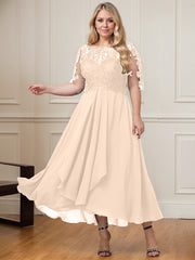 A-line Boat Neck Illusion Asymmetrical Lace Chiffon Mother of the Bride Dress With Cascading Ruffles Sequins