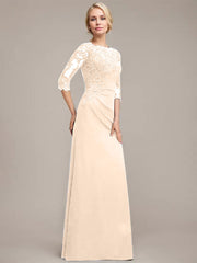 A-line Scoop Floor-Length Chiffon Lace Mother of the Bride Dress With Sequins Beading Pleated