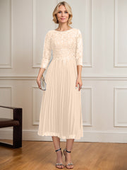 A-line Scoop Illusion Tea-Length Lace Chiffon Mother of the Bride Dress With Sequins Pleated
