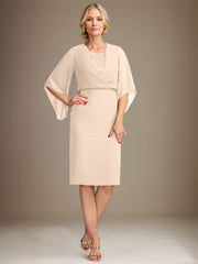 Sheath/Column V-Neck Knee-Length Lace Chiffon Mother of the Bride Dress With Sequins
