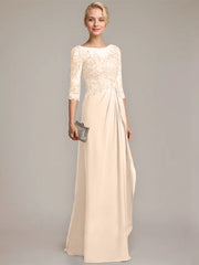 A-line Scoop Illusion Floor-Length Chiffon Lace Mother of the Bride Dress With Beading Sequins Cascading Ruffles