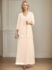 A-line V-Neck Ankle-Length Lace Sequin Chiffon Mother of the Bride Dress