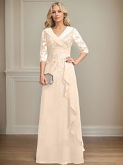 A-line Collared V-Neck Floor-Length Lace Chiffon Mother of the Bride Dress With Sequins Cascading Ruffles
