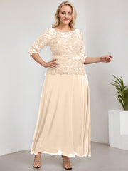 A-line Scoop Illusion Ankle-Length Chiffon Lace Mother of the Bride Dress With Rhinestone Beading