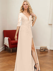 A-Line V-Neck 1/2 Sleeves Floor-Length Chiffon Mother Of The Bride Dresses With Lace