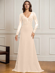 Sheath/Column V-Neck Detachable Sweep Train Lace Tulle Chiffon Mother of the Bride Dress With Sequins