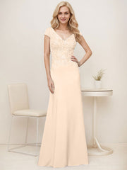 A-Line V-Neck Sweep Train Elastic Mother Of The Bride Dresses With Lace