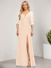 Sheath/Column V-Neck Floor-Length Lace Chiffon Mother of the Bride Dress With Sequins