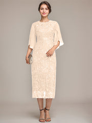 Sheath/Column Scoop Tea-Length Lace Chiffon Mother of the Bride Dress