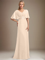 A-line V-Neck Floor-Length Chiffon Mother of the Bride Dress With Sequins Appliques Lace Pleated