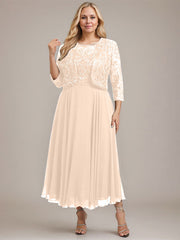 A-line Boat Neck Illusion Tea-Length Lace Chiffon Mother of the Bride Dress With Sequins
