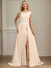 Sheath/Column Scoop Illusion Floor-Length Detachable Chiffon Lace Mother of the Bride Dress With Sequins Beading