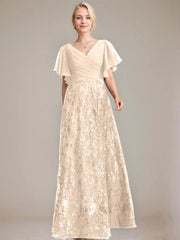 A-line V-Neck Floor-Length Lace Sequin Chiffon Mother of the Bride Dress With Pleated