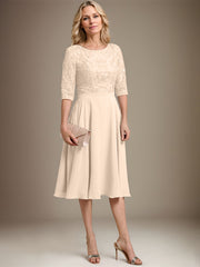 A-line Scoop Knee-Length Lace Chiffon Mother of the Bride Dress