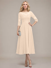 A-line Scoop Illusion Tea-Length Chiffon Lace Mother of the Bride Dress With Sequins Beading