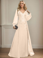 A-Line V-Neck Long Sleeves Floor-Length Chiffon Mother Of The Bride Dresses With Lace