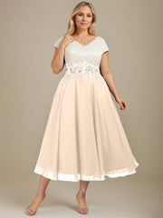 A-line V-Neck Tea-Length Satin Chiffon Mother of the Bride Dress With Appliques Lace