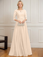 A-line Scoop Floor-Length Lace Chiffon Mother of the Bride Dress With Crystal Brooch Sequins
