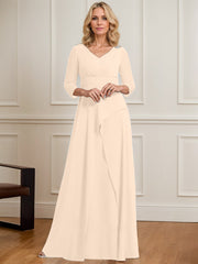 A-line V-Neck Floor-Length Chiffon Mother of the Bride Dress With Pleated Beading