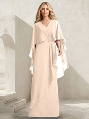 A-line V-Neck Floor-Length Chiffon Mother of the Bride Dress With Cascading Ruffles Beading