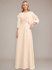 A-line Scoop Illusion Floor-Length Chiffon Lace Mother of the Bride Dress With Ruffle Sequins Beading