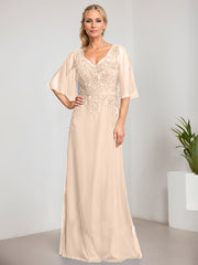 A-line V-Neck Floor-Length Lace Chiffon Mother of the Bride Dress With Sequins Beading