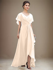 A-line V-Neck Asymmetrical Chiffon Mother of the Bride Dress With Sequins Beading Cascading Ruffles
