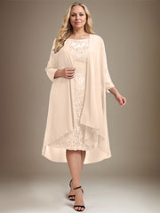 Sheath/Column Scoop Illusion Knee-Length Lace Chiffon Mother of the Bride Dress With Cascading Ruffles Sequins