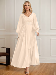 A-line V-Neck Ankle-Length Chiffon Mother of the Bride Dress With Cascading Ruffles Beading Sequins