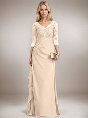 A-line V-Neck Floor-Length Lace Chiffon Mother of the Bride Dress With Cascading Ruffles