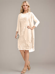 Sheath/Column Scoop Illusion Knee-Length Lace Chiffon Mother of the Bride Dress With Cascading Ruffles Sequins