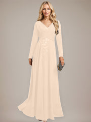 A-line V-Neck Floor-Length Stretch Crepe Evening Dress With Pleated Sequins Appliques Lace