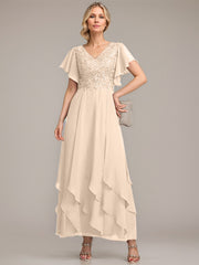 A-line V-Neck Ankle-Length Lace Chiffon Mother of the Bride Dress With Cascading Ruffles