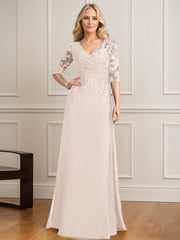 A-line V-Neck Floor-Length Lace Chiffon Mother of the Bride Dress With Pleated Sequins