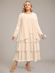 A-line Scoop Tea-Length Chiffon Mother of the Bride Dress With Cascading Ruffles