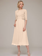 A-line/Princess Scoop Tea-Length Chiffon Mother of the Bride Dress With Lace Jacket